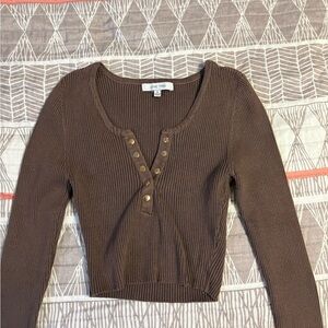 Brown Ribbed Long Sleeve Top